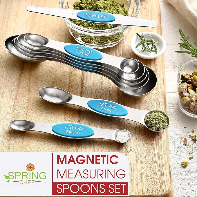 Spring Chef Stainless Steel Magnetic Measuring Spoons Set of 8 with Leveler, Nesting Teaspoon & Tablespoon Measuring Spoons for Dry and Liquid Ingredients, Kitchen Gadgets for Baking & Cooking - Teal