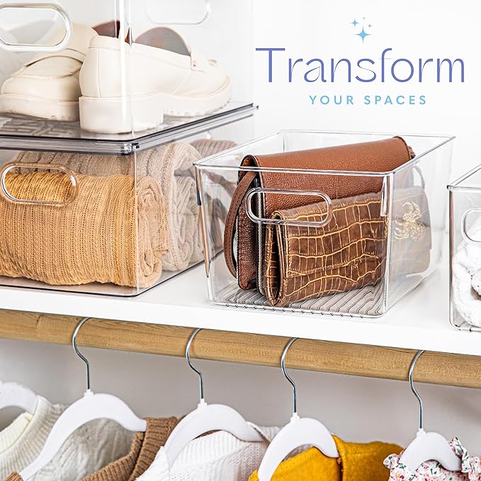 Plastic Food Storage 4 Pack Clear Container Bin with Handles for Organizing Kitchen, Pantry, Refrigerator, Freezer, Pantry, Cabinet, Closet, Bathroom. 10”x7.5”x5.3”