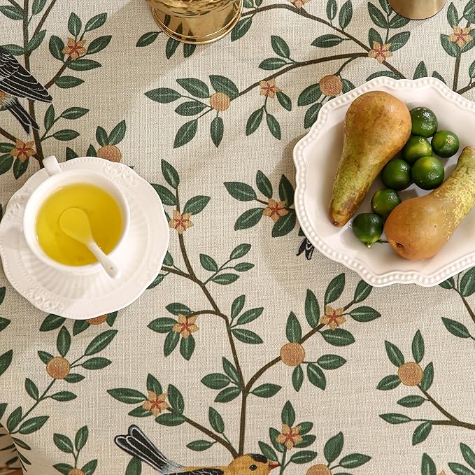 patdrea Designer Floral Linen Table Cloth Durable Breathable Tabletop Cover Dacorative Kitchen Dining Tablecloth for Round Tables for Kitchen Dining Parties,Holiday Christmas,Diameter 67"