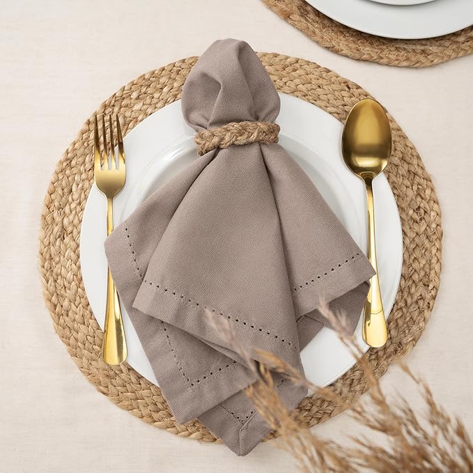 Blue Needles Set of 12 Hemstitch Linen Napkins 100% Cotton Chocolate Brown Cloth Dinner Napkins 18x18 inches, Soft, Reusable, Absorbent, Washable, Ideal for Fall Thanksgiving Parties & Everyday Use
