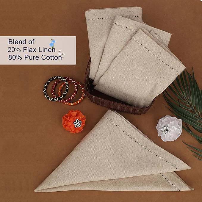 Ruvanti Premium Linen Napkins Set of 12-20x20 Inch, Classic Hemstitch, Mitered Corner Cloth Napkins‎‎ - Soft, Elegant Dinner Napkins Cloth Washable for Weddings, Parties, Everyday Use - Natural