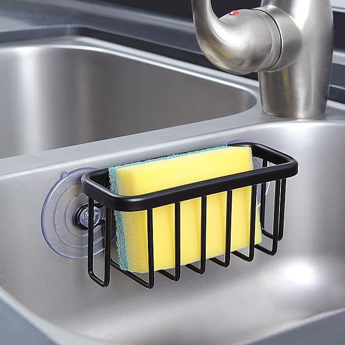 SunnyPoint NeverRust Kitchen & Bathroom Sink Caddy for Sponges, Scrubbers, Soap, 6" x 2.5" x 2.75", with Adhesive Mount - Additional Suction Cup Included –Aluminum (Black)