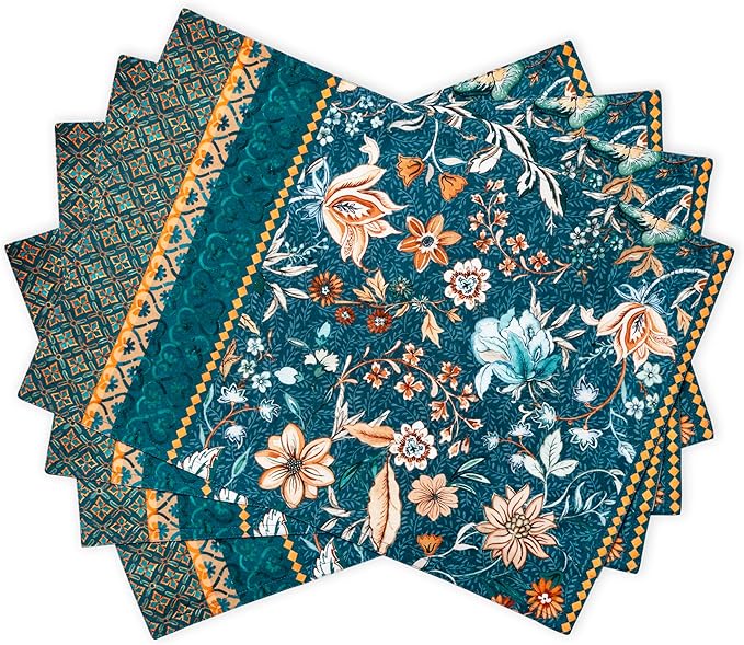 Maison d' Hermine Placemats Set of 4 100% Cotton Washable Cloth Place Mats, Reusable Table Mats for Thanksgiving Christmas Decorations Kitchen Dining Party Wedding (Luxury Loft - Dark Teal, 13" x 19")