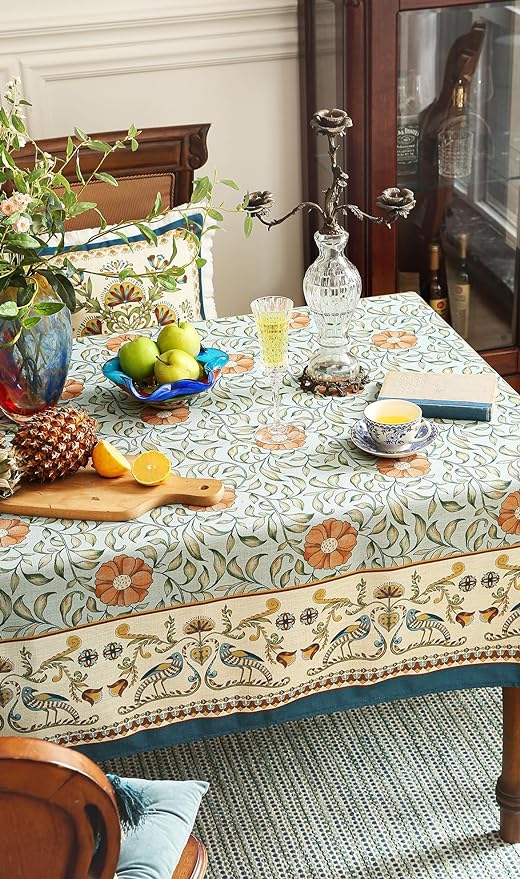 patdrea Designer French Linen Blue Tablecloth for Rectangle Table,Vintage Floral Table Cloth,Colorful Decoration Fall Cover Kitchen Dining for Thanksgiving,Christmas,63"x87"-Wensel