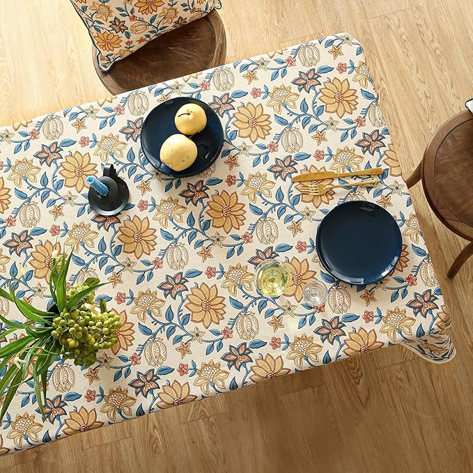 French Tablecloth for Rectangle Tables,Linen Table Cloth with Yellow Flowers Pattern,Heavy Durable Table Cover for Dining Thanksgiving Kitchen Decor Party Christmas,63"*94"