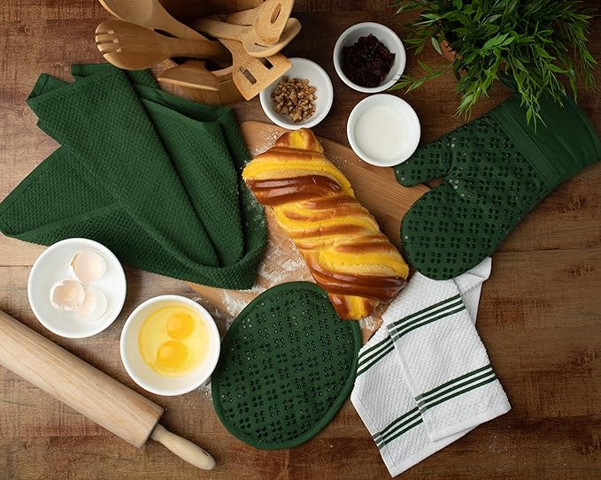 Sticky Toffee Oven Mitt and Pot Holder Set of 3 – Dark Green Non-Slip Silicone Kitchen Hot Pads and Mitts, 100% Cotton Shell, Oeko-Tex Cotton