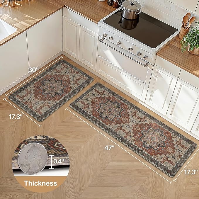 GENIMO Kitchen Mats for Floor 2PCs, Washable Anti Fatigue Mat for Cushioned, 17.3"x47"+17.3"x30", Waterproof Kitchen Rugs, Non Slip Comfort Standing Mat Rug for Home, Sink, Laundry, Bordeaux