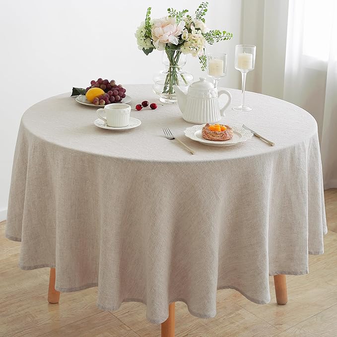 Linen World Linen Tablecloth, 100% French Linen Round Tablecloth 90" Inch, Washable Natural Tablecloth for Dining, Outdoor, Weddings and Restaurants, Decorative Valentine Easter