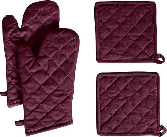 Native Fab 4 Piece Set - 2 Oven Mitts & 2 Potholders, Heat Resistant, 100% Cotton, Quilted Design, Non-Slip Grip, Machine Washable, Ideal for Baking, Cooking, BBQ, Kitchen Protection - Burgundy Wine