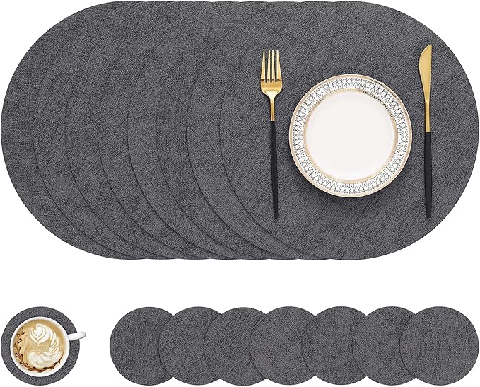 homing Round Faux Leather Placemat and Coaster 8 Packs, Washable Heat Resistant Dining Place Mats, Wipeable Double-Sided Table Mats for Indoor and Outdoor, Diameter 13 and 3.93 inch, Charcoal