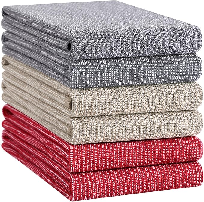 Homaxy Premium Kitchen Towels(18”x 28”, 6 Pack), Large Cotton Kitchen Hand Towels, Flat and Terry Dish Towels, 380 GSM Highly Absorbent Tea Towel Set with Hanging Loop, Red/Grey/Khaki
