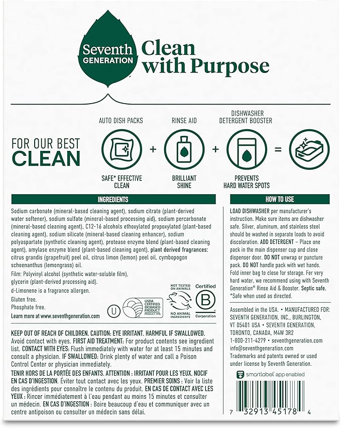 Seventh Generation Dishwasher Detergent Packs Lemon scent Pack of 6 for sparkling dishes Dishwasher tabs, 20 count