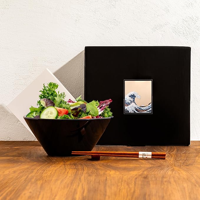 Japanese Ramen Bowl Set with Great Wave Design - 60oz Large Ceramic Bowls, Spoons, Chopsticks for Ramen, Pho, Salad, Poke - Premium Gift for Ramen Lovers - Microwave & Dishwasher Safe