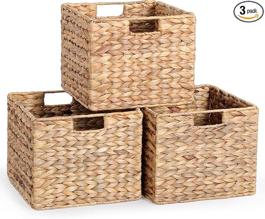12x12x10 Water Hyacinth Storage Basket Large, Folding Cube Woven Wicker Storage Basket for Shelves, Pantry Baskets Organization and Storage, Kitchen Storage Baskets, Large Rattan Basket Set of 3