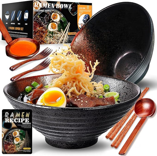 8-Inch Large Ceramic Ramen Bowl Set of 2 (9 Piece) - Microwave & Dishwasher Safe Porcelain Japanese Salad Noodles Cereal Fruit Pasta Soup Bowls with Recipes Chopsticks Forks Spoons for Men Women Gift