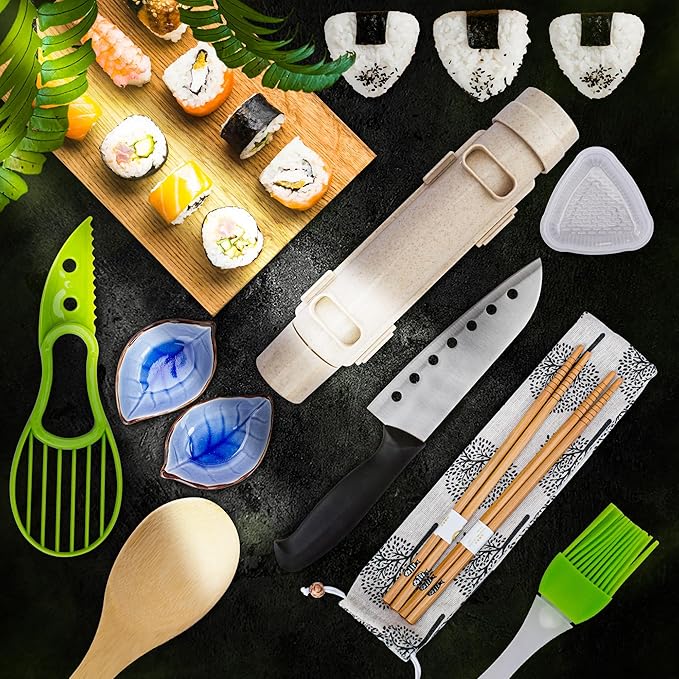 Sushi Making Kit, 22-in-1 Sushi Bazooka Sushi Roller bamboo sushi rolling mat Includes Avocado Slicer, Sushi Knife, Sushi Mold, Chopsticks, DIY Kit Tool Sushi making set for Beginners
