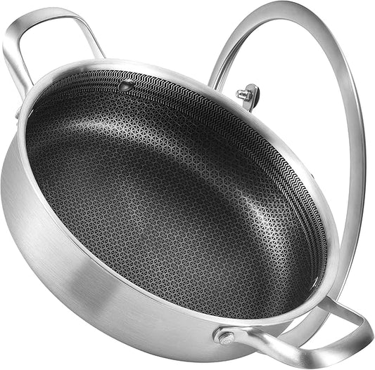 Inqibee 3 QT Hybrid Tri-Ply Stainless Steel Non Stick Sauté Pan with Lid,10 Inch Induction Deep Frying Pan,Skillet,Jumbo Cooker,Dishwasher and Oven Safe