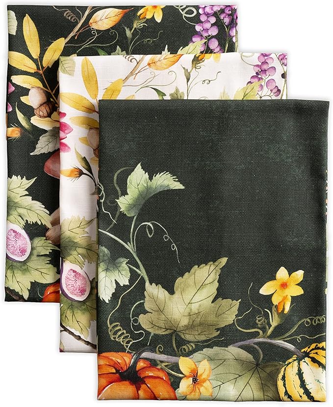 Maison d' Hermine Kitchen Towels Set of 3 100% Cotton 20" x 27.5" Reusable Cloth Tea Dish Towels Absorbent with Hanging Loop for Dining Thanksgiving Christmas Decorations (Pumpkin Garden - Dark Green)
