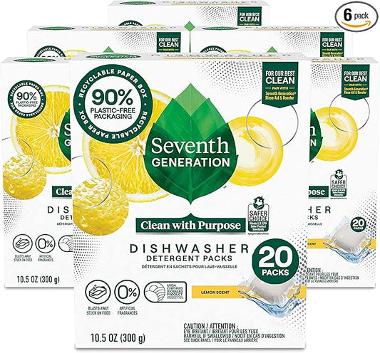 Seventh Generation Dishwasher Detergent Packs Lemon scent Pack of 6 for sparkling dishes Dishwasher tabs, 20 count