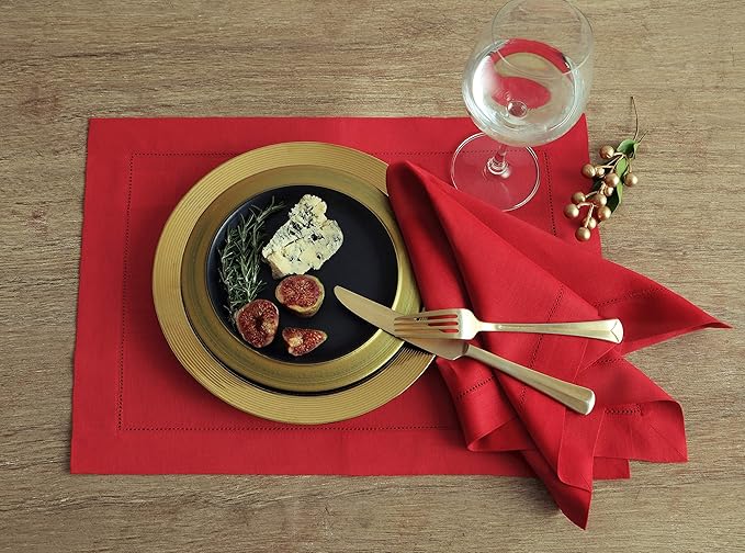 Solino Home Red Linen Napkins Set of 4-100% Pure Linen Hemstitch Dinner Napkins 20 x 20 Inch for Christmas, Holiday, Winter - Classic Hemstitch
