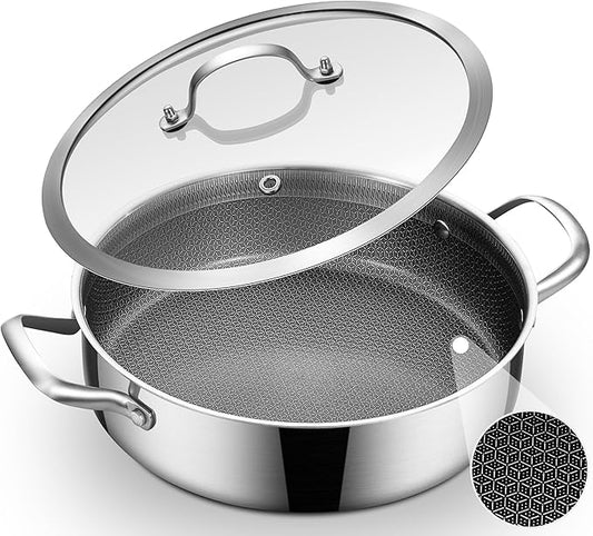 Inqibee 5 QT Hybrid Tri-Ply Stainless Steel Ceramic Non Stick Sauté Pan with Lid,Induction Cooking Pot,Large Skillet,Dishwasher and Oven Safe