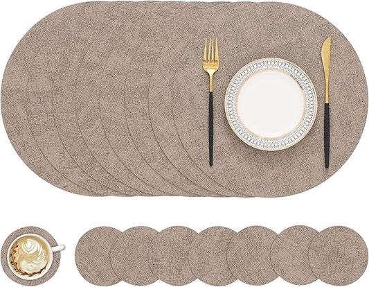 homing Round Faux Leather Placemat and Coaster 8 Packs, Washable Heat Resistant Dining Place Mats, Wipeable Double-Sided Table Mats for Indoor and Outdoor, Diameter 13 and 3.93 inch, Camel