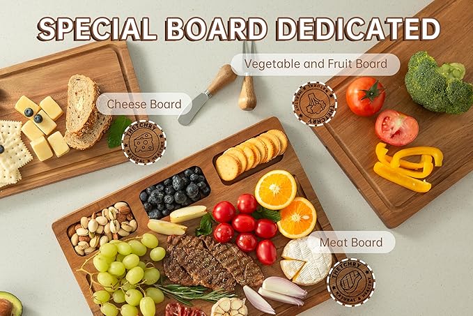 Acacia Wood Cutting Board Set,Thick Wooden Cutting Board for Kitchen with Holder,Chopping Board with Deep Grooves&Built-in Handles, Wooden Charcuterie Board Trays for Meat,Fruit,Cheese