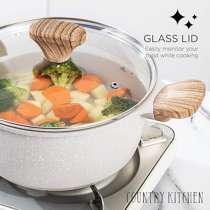 Country Kitchen Non-Stick Cast Aluminum Cookware Set - Durable Kitchen Cookware for Everyday Cooking, Speckled Cream, 8 Pc.