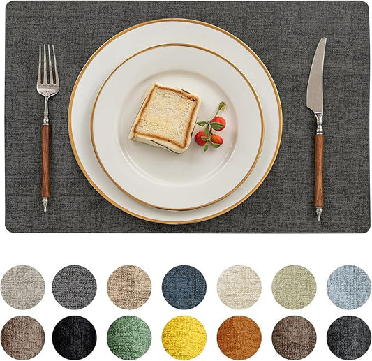 Romanstile Vinyl Placemats Set of 8-12 X 18 Inch - Heat Resistant Place Mats 100% Waterproof Oilproof Wipeable Reversible Faux Leather Table Mats for Kitchen/Dining/Party/Outdoor, Charcoal