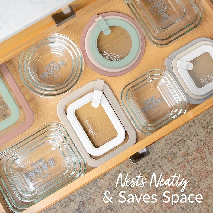 Bentgo Signature Leak-Proof Glass Food Storage - 10-Piece Set, 1-Compartment Plastic-Free Containers with Airtight Glass Lids, BPA-Free, Microwave, Freezer, Oven & Dishwasher Safe (White Stone)