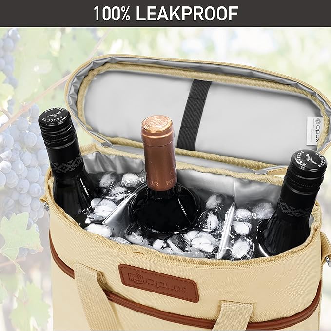 OPUX 3 Bottle Wine Carrier Tote, Insulated Leakproof Wine Cooler Bag, Wine Travel Bag Tote for Picnic Beach, Portable Wine Bottle Carrying Case, Gift for Wine Lover Women Men Christmas, Beige Cream