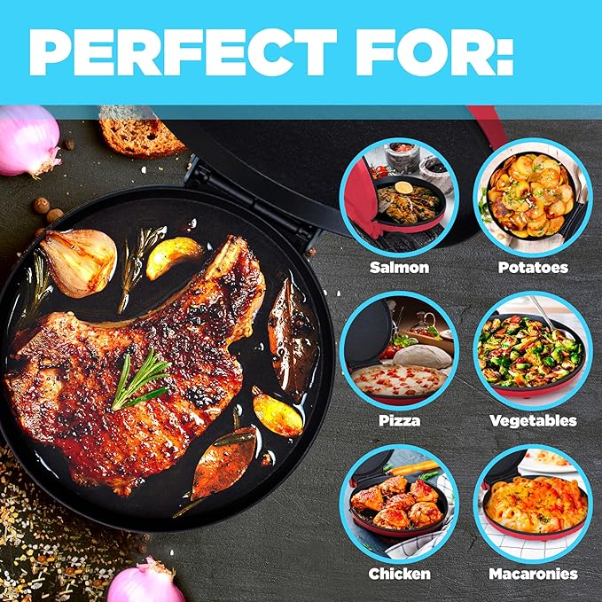 Courant Pizza Maker 12 inch Pizzas Machine, Newly improved Cool-touch Handle Non-Stick plates Pizza oven & CalzoneMaker, Electric Countertop Oven for Home or School, 12” Indoor Grill/Griddle, Red