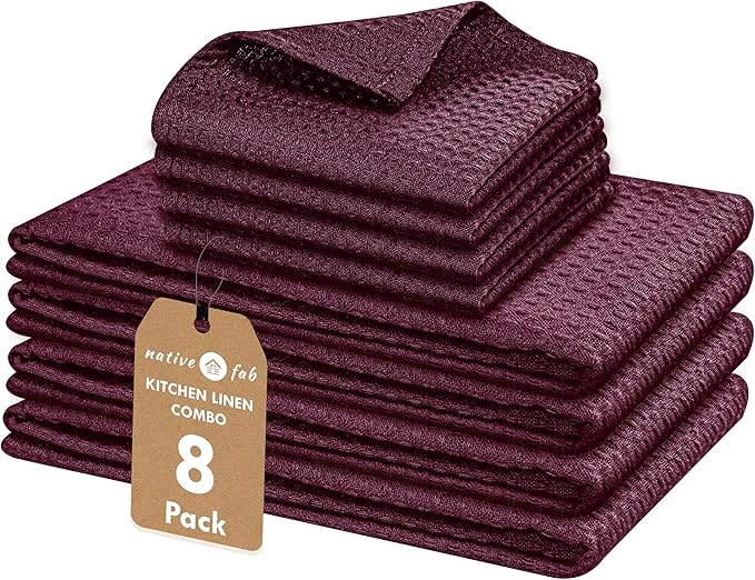 Native Fab Kitchen Towels & Dish Cloth Set, 100% Cotton, 8 Piece, Absorbent, Durable, Washable, Quick Drying Towel for Cleaning, Cooking, Baking - Ideal for Home, Bars & Everyday Use - Burgundy Wine
