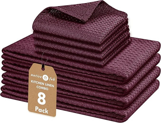 Native Fab Kitchen Towels & Dish Cloth Set, 100% Cotton, 8 Piece, Absorbent, Durable, Washable, Quick Drying Towel for Cleaning, Cooking, Baking - Ideal for Home, Bars & Everyday Use - Burgundy Wine