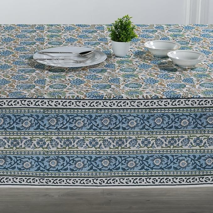 Ridhi Asparagus Green Floral Tablecloth 70x118 Inch Cotton Rectangular Tablecover Hand Block Print Washable Reusable Boho Dining Table Cloth for Wedding Thanksgiving Holiday Decor