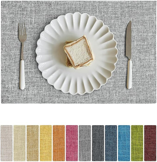 Softalker Faux Linen Placemats Set of 12-12 x 18 Inch, Heat Resistant Double Layered Durable Burlap Farmhouse Place Mats, Non-Slip Washable Rustic Table Mats for Dining, Kitchen, Party（Ash Grey
