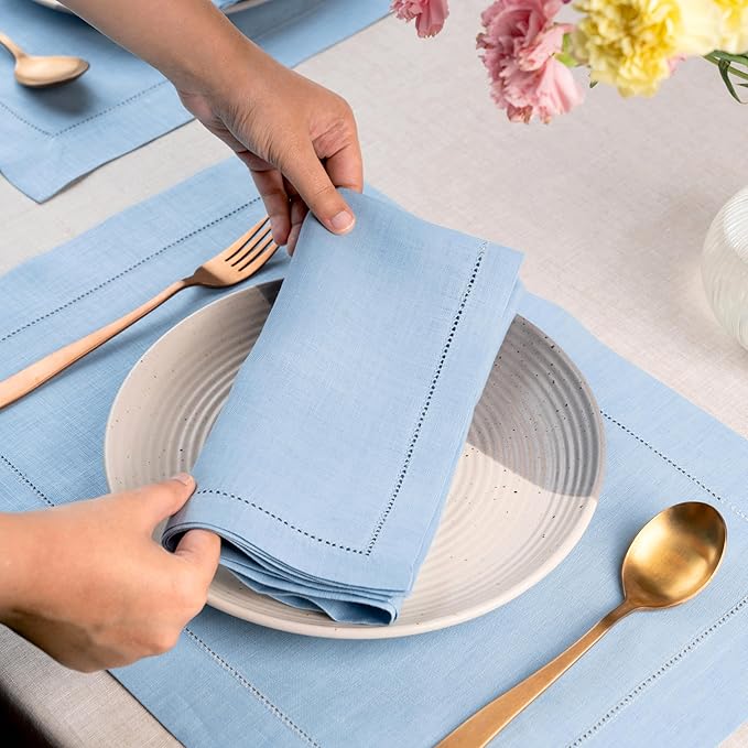 D'Moksha Homes Powder Blue Linen Napkins Set of 4 - Classic Hemstitch 100% Pure Linen Dinner Napkins Cloth 20 x 20 Inch for Fall, Thanksgiving, Holiday - Handcrafted and Machine Washable