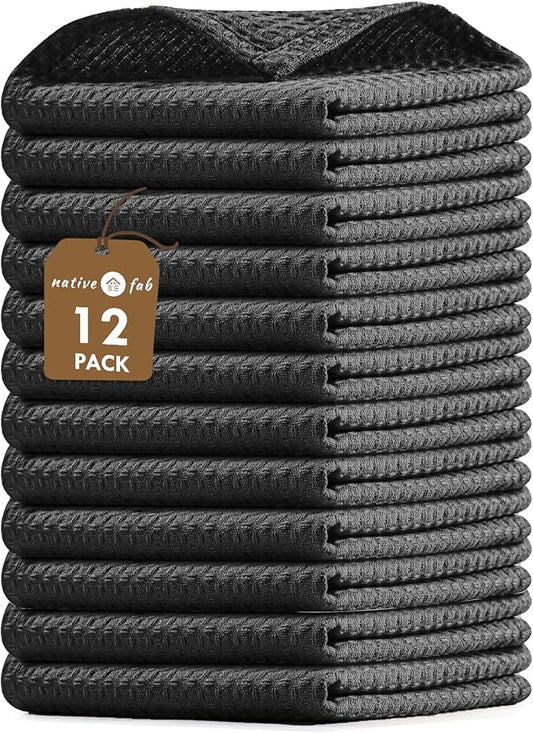 Native Fab 12 Pack Cotton Dish Cloths - Absorbent, Quick Drying, Washable, Durable Towels for Cleaning, Cooking & Baking - Perfect for Everyday Use, Home, Bars, Restaurants - 12x12 Inches - Black