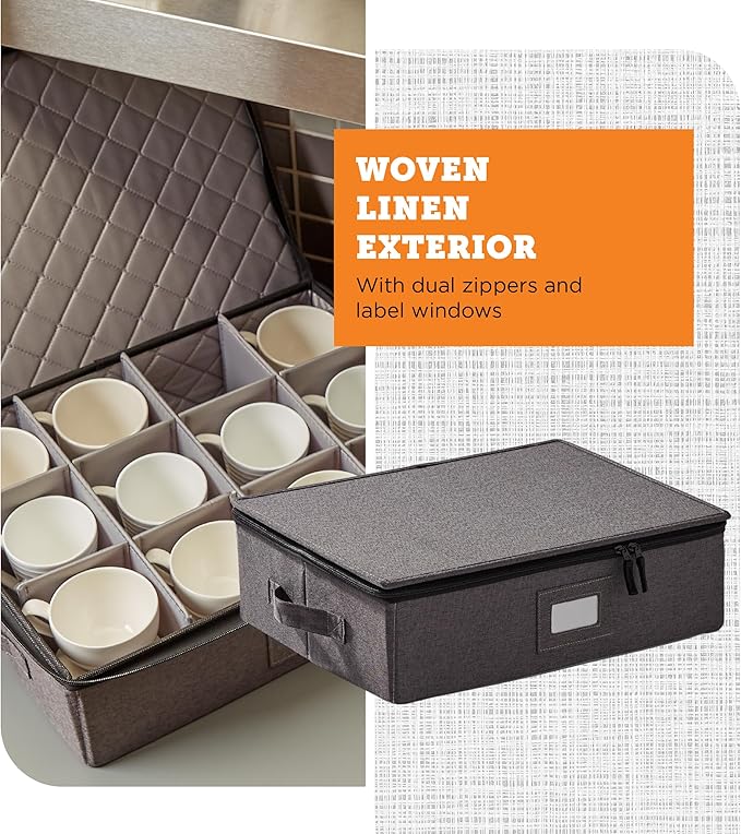 storageLAB Cup and Mug Storage Containers, Hard Shell Storage Case with Felt Dividers for Cups, Mugs, Dishes, and Glasses, Ideal for Kitchen Organizing and Moving Supplies - 1 Pack, Gray