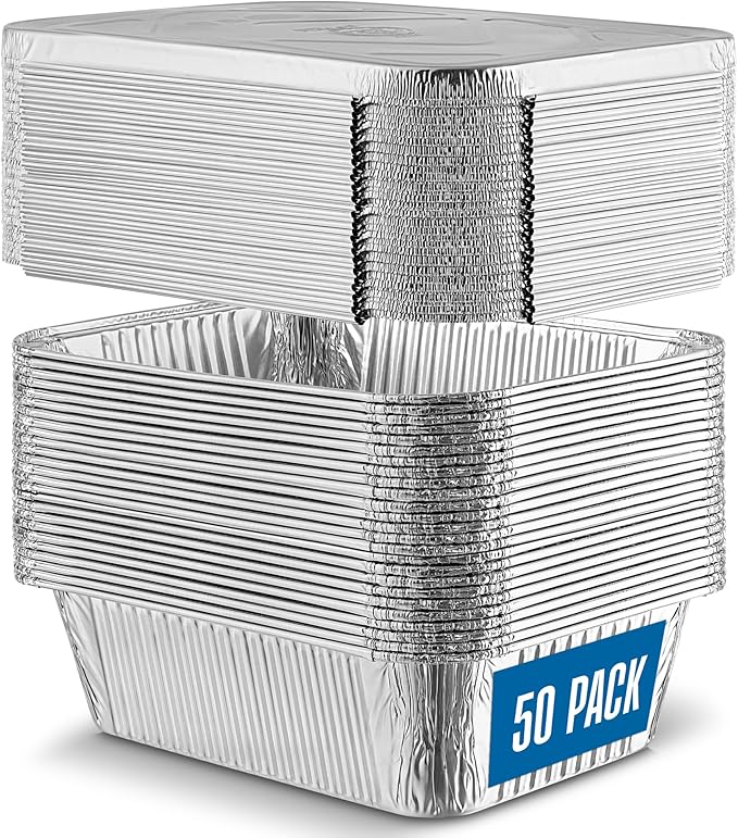 PLASTICPRO 50 Pack Aluminum Pans 8'' X 10" Disposable Pans with Covers Heavy Duty 5 lb Foil Pans for Baking and Cooking
