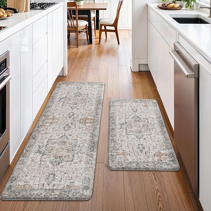 GENIMO 17.3"x47"+17.3"x30"-0.47 Kitchen Mats for Floor 2PCs, Washable Anti Fatigue Mat for Cushioned, Waterproof Kitchen Rugs, Non Slip Comfort Standing Mat Rug for Home, Sink, LightTaupeBrown