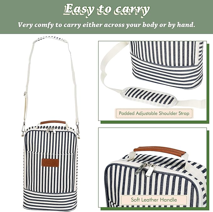 Tirrinia Insulated 2 Bottle Wine Gift Tote Bag - Wine Tumbler Glass Cooler Carrier for BYOB Restaurants, Wine Tasting, Travel, Park, Beach, Great Wine Lover Gift, Blue Stripe