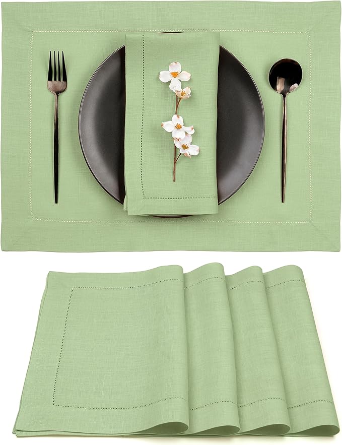 D'Moksha Homes Sage Green Linen Cloth Placemats Set of 4-100% Pure Linen Hemstitch Placemats 14 x 19 Inch - Classic Hemstitch Table Place Mats for Christmas - Handcrafted and Machine Washable