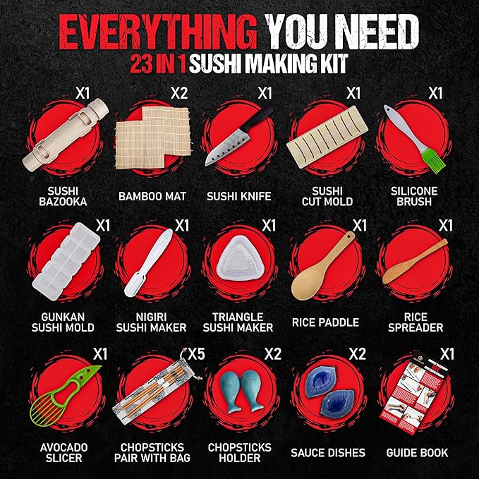 Sushi Making Kit, 22-in-1 Sushi Bazooka Sushi Roller bamboo sushi rolling mat Includes Avocado Slicer, Sushi Knife, Sushi Mold, Chopsticks, DIY Kit Tool Sushi making set for Beginners