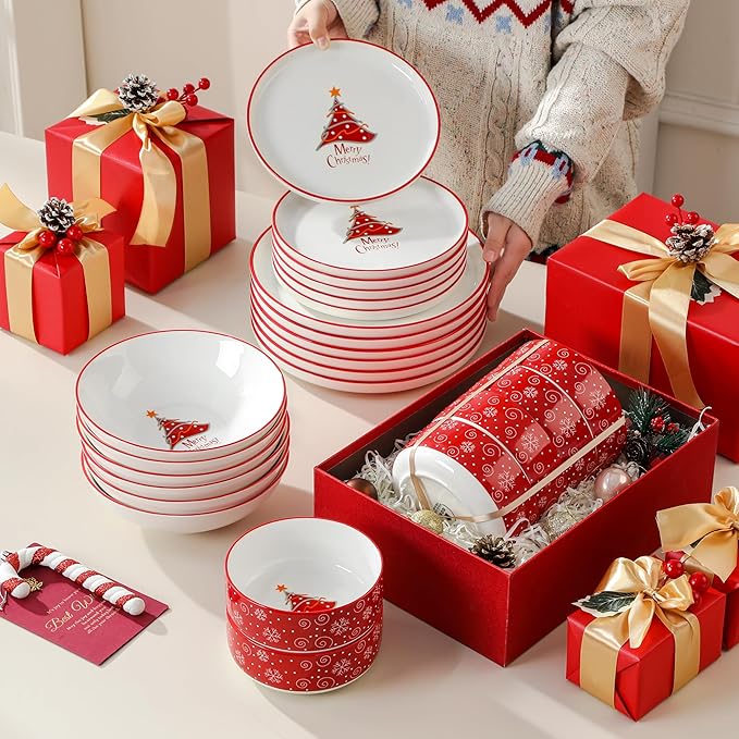 MALACASA Plates and Bowls Sets, 24 Pieces Christmas Porcelain Dinnerware Set for 8, Ceramic Dishware Dishes Kitchen Dining Ware Set, Microwave and Dishwasher Safe, Series LUNA-Christmas Tree