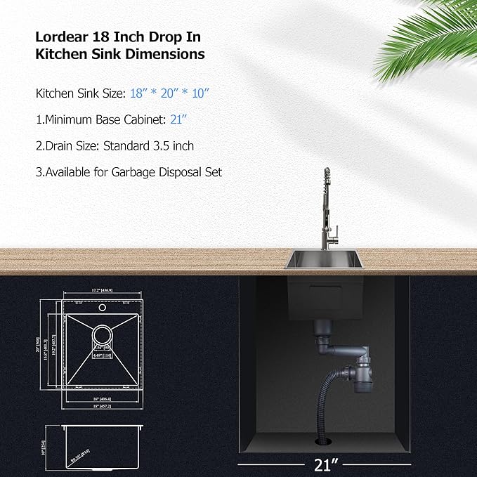 Lordear 18x20x10 inch Drop in Kitchen Sink Topmount Bar Sink 16 Gauge Single Bowl Stainless Steel Bar Outdoor Sinks
