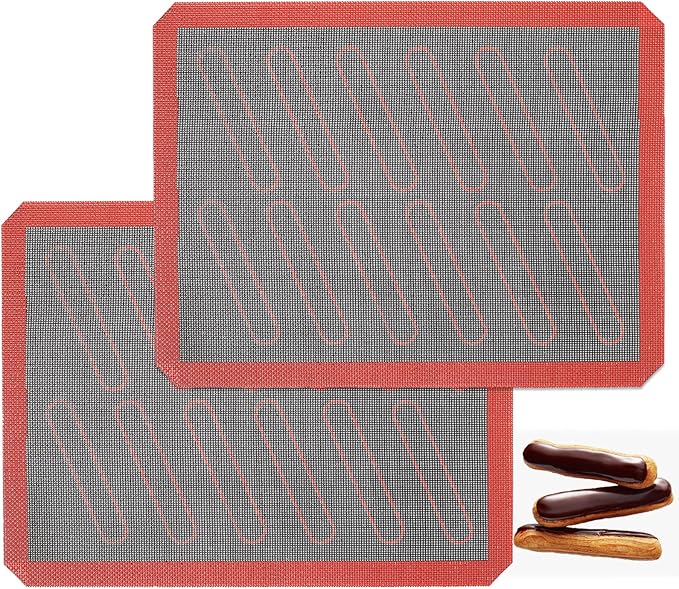 Perforated Silicone Baking Mats, 2 PCS Eclair Silicone Mat for Half Sheet with 12 Printed Oblong Eclair Guides, Non-Stick Reusable Oven Liners for Making Bread/Pizza/Pastry/Cookie 11-4/5" x 15-3/4"