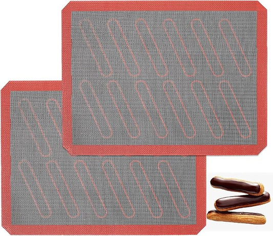Perforated Silicone Baking Mats, 2 PCS Eclair Silicone Mat for Half Sheet with 12 Printed Oblong Eclair Guides, Non-Stick Reusable Oven Liners for Making Bread/Pizza/Pastry/Cookie 11-4/5" x 15-3/4"