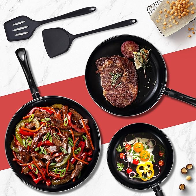 Nonstick Frying Pan Set - Iron Frying Pan 3-Piece Set (8", 10", 12") + 2 Silicone Spatulas, With Premium Nonstick Coating, Up to 450°F, Skillet Suitable for Induction, Gas & More