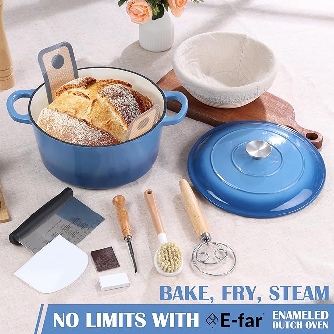 E-far Enameled Dutch Oven Pot for Bread Baking, 6QT Enameled Cast Iron Cookware with Self-Basting Lid & Sourdough Bread Baking Supplies, Heavy Duty Casserole Pot & Dual Handles-Blue